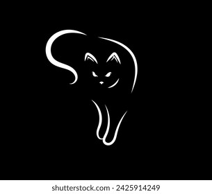 Ilustración vectorial de una silueta blanca de un gato sobre un fondo negro
