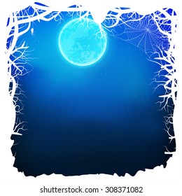Vector illustration white silhouette of the forest in the night sky. Stars, moon, web, spider, tree branches. Background Halloween. EPS 10