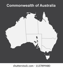 Vector illustration white silhouette map of Australia isolated on black background.