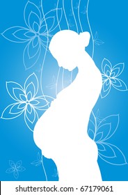 Vector illustration of white silhouette of pregnant woman on a blue background with flowers