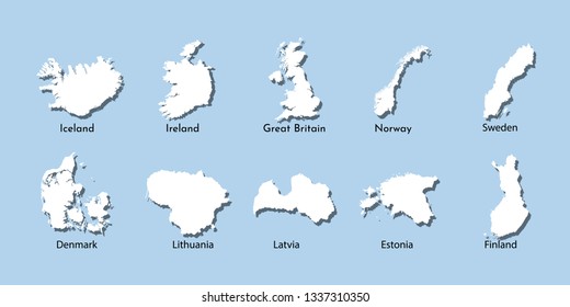Vector illustration. White silhouettes of Northern Europe states maps, simplified outlines. Denmark, Norway, Sweden, Finland, Estonia, Lithuania, Latvia, Great Britain, Ireland, Iceland