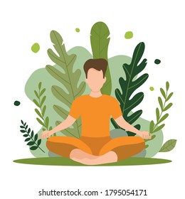 Vector Illustration White Sits In A Lotus Position In Nature And Midses. Keeps Calm And Even Breathing. Corporate Illustration For A Yoga Studio, Medatation Center, Outdoor Sports. The Main Asana In