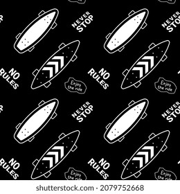 Vector Illustration of White Skate Board and Word. Skateboarding Seamless Pattern with Cartoon Skateboard. Flat Line Art Style Design with Skate on Black Color Background for T-shirt and Paper Print