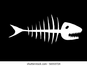 Vector illustration of white skeleton of fish on a black background