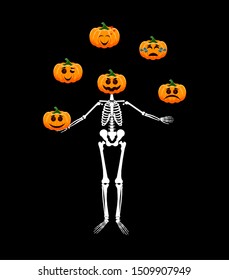 Vector illustration, white skeleton with many pumpkins on the black background