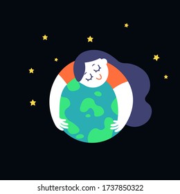 Vector illustration of a white skin blue haired girl with orange shirt hugging blue-green earth while smiling with her eyes closed on earth day. Black background with yellow stars surrounding her