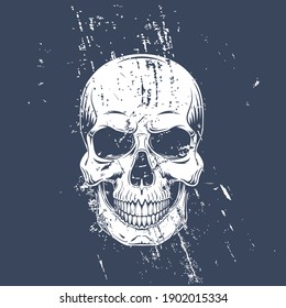 Vector illustration of a white skull with a lower jaw with grunge effect. T-shirt print. Old skull.