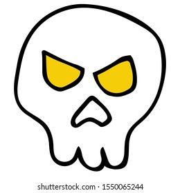 Vector illustration of a white skull with yellow eyes isolated on white. Doodle skull image for print, web, banner, icon design. 