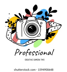 Vector illustration of white slr photo camera with strap on white background with flower and text. Flat line art style design of photo camera for web, site, poster, banner, print, sticker