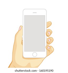 Vector illustration of white smart phone in hand isolated on white background