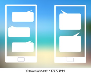 Vector illustration of white smartphones and message bubbles on a blurred beach background 