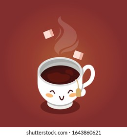 Vector illustration of white smile cup of coffee with steam and sugar on gradient brown background. Coffee time concept.