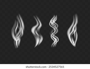 Vector illustration of white smoke set isolated on black background. Transparent effect.