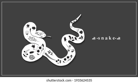 Vector illustration of a white snake with  flowers and plants. EPS 10.