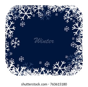 Vector illustration of the white snow square frame with snowflakes.