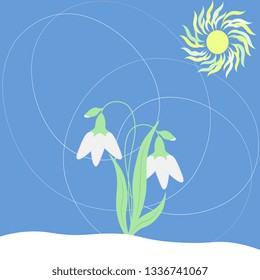 Vector illustration with white snowdrops green leaves, sun, circles, on a blue background. Beautiful card. Spring design, artistic.