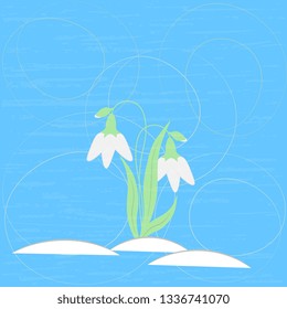 Vector illustration with white snowdrops green leaves, circles, on a turquoise background, textured, artistic. Beautiful spring card template design.