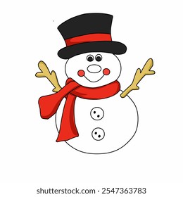 vector illustration of a white snowman with a black and red hat with a Christmas theme

