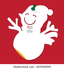 Vector illustration of white snowman greeting card,Christmas decoration,note paper,blank card,sticker with green push pin on red,Invitation,Celebration,Winter holidays,Merry Chirstmas,Happy New Year.