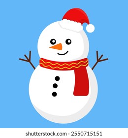 Vector illustration of a white snowman with a red scarf on a blue background