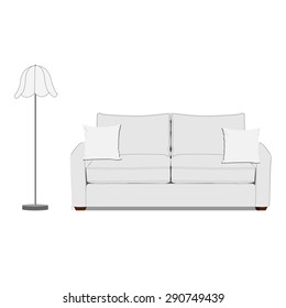Vector illustration of white sofa with two pillows and white standing floor lamp. Classic sofa. Living room interior