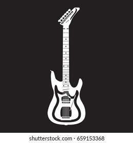 Vector illustration of white solo guitar isolated on black background. Electric guitar template, flat style design.