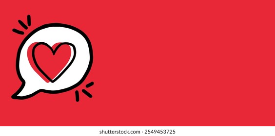 Vector illustration of a white speech bubble with a red heart inside, isolated on a red background. The speech bubble has a hand-drawn style with a black outline and a shadow effect.