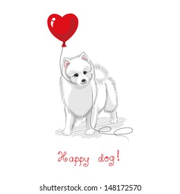 Vector illustration. White Spitz holds a balloon heart.  Beautiful hand-lettering - Happy dog. Hand-drawing.