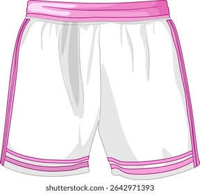 Vector illustration of white sports shorts with pink accents, highlighting clean lines and vibrant colors in a minimalistic style