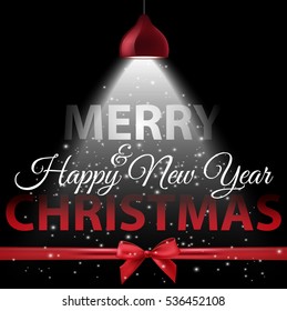 Vector illustration of White spotlight with lettering and red bow on black background. Merry Christmas and Happy New Year