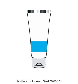 Vector illustration of a white squeeze tube with a blue label and gray flip-top cap. Suitable for cosmetics, skincare, ointments, gels, or creams in a simple, clean design