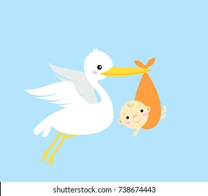 Vector illustration of white stork flying in the air and carrying baby in a cloth bundle in his beak