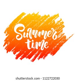 Vector illustration of white summer time text for greeting card/print on t-shirt/invitation/poster/store/gift/banner template. Summer time lettering on yellow-orange background. Summer time lettering.