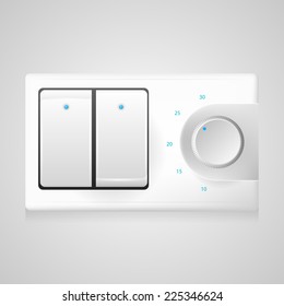 Vector illustration of white switch with dimmer. White modern double switch with black frame and circle dimmer with blue elements. Isolated vector illustration on gray background.