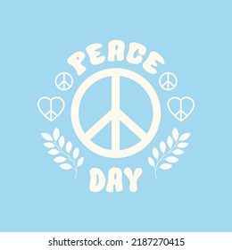 Vector illustration with white symbol peace, text and branches on a blue background. Festive concept in flat style. International Day of Peace