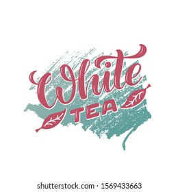 Vector illustration of white tea brush lettering for package, banner, flyer, poster, bistro, café, shop signage, advertisement design. Handwritten text for template, sign, billboard, print 