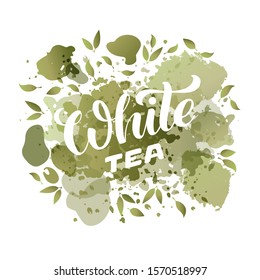 Vector illustration of white tea brush lettering for package, banner, flyer, poster, bistro, café, shop signage, advertisement design. Handwritten text for template, sign, billboard, print 
