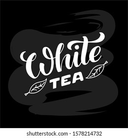 Vector illustration of white tea brush lettering for package, banner, flyer, poster, bistro, café, shop signage, advertisement design. Handwritten text for template, sign, billboard, print 