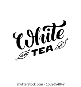 Vector illustration of white tea brush lettering for package, banner, flyer, poster, bistro, café, shop signage, advertisement design. Handwritten text for template, sign, billboard, print 