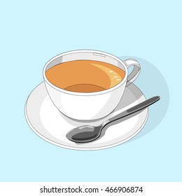 Vector illustration of a white tea cup with a tea plate and a teaspoon. Isolated on white background.