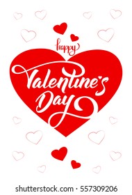 Vector illustration: White Template of poster or greeting card with hand lettering of Valentine's Day and hearts background.