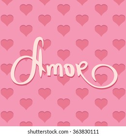 Vector illustration of the white text on the pink background with red hearts.