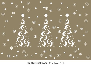 Vector illustration with white three Christmas trees made from stars and moon, hand-made snowflakes, artistic on brown background. Cute design New Year greeting card.
