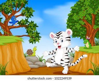 vector illustration of white tiger and bird with mountain cliff scene