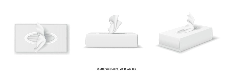 Vector illustration of white tissue boxes. Presented from different angles. Simple design with a clean look. Ideal for hygiene and personal care products.
