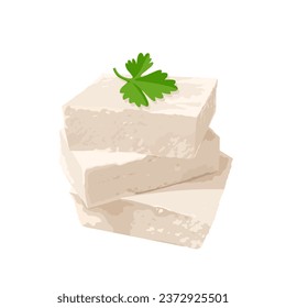 Vector illustration, white tofu with parsley leaf garnish, isolated on white background.