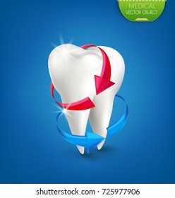 Vector Illustration: White Tooth On A Blue Background With A Red And Blue Arrow. Element For The Design Of The Flyer, Banner, Brochure, Advertising Of Dentifrices.