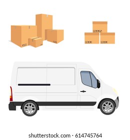 Vector illustration white truck or van and stack of cardboard boxes isolated on white background. Delivery car vector icon. Minivan. Delivery service