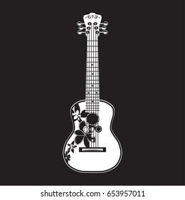 Vector illustration of white ukulele isolated on black background. Hawaiian guitar, string musical instrument in flat style.