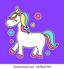 VECTOR ILLUSTRATION OF A WHITE UNICORN WITH COLORFUL HAIR, PRINT FOR T-SHIRTS, SLOGAN PRINT